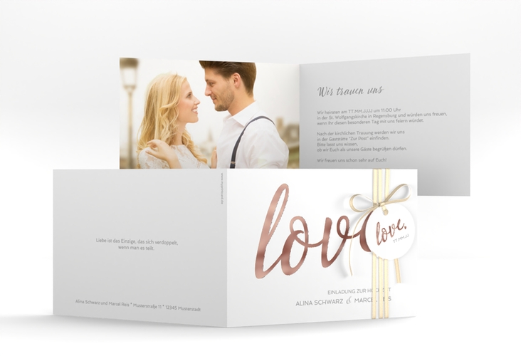 Hochzeitseinladung Glam A6 Klappkarte quer weiss rosegold