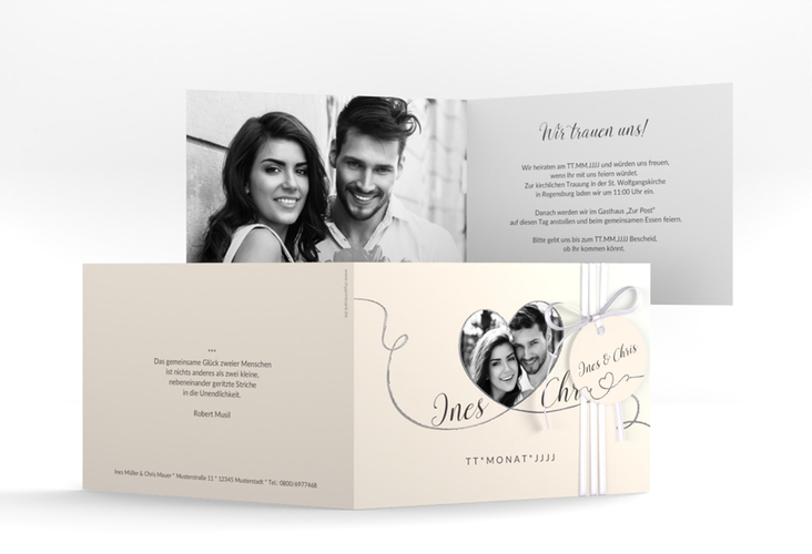 Hochzeitseinladung Dolce A6 Klappkarte quer beige silber