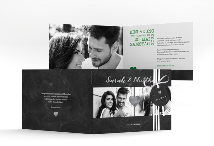 Hochzeitseinladung Sparkly A6 Klappkarte quer gruen silber