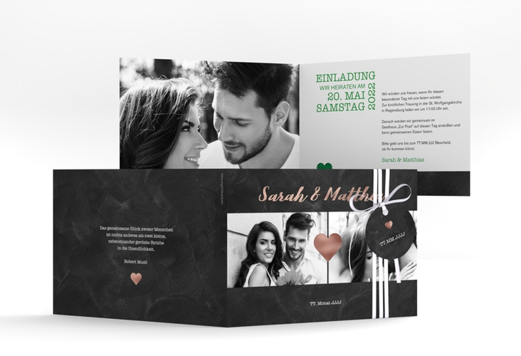 Hochzeitseinladung Sparkly A6 Klappkarte quer gruen rosegold