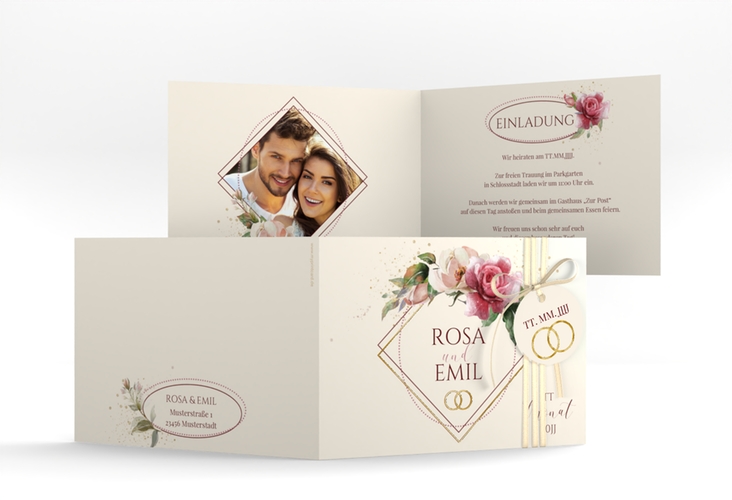 Hochzeitseinladung Rosenbogen A6 Klappkarte quer beige gold