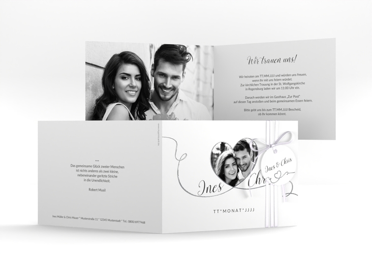 Hochzeitseinladung Dolce A6 Klappkarte quer weiss silber