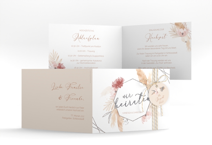 Hochzeitseinladung Bohostyle A6 Klappkarte quer beige silber mit Pampasgras in Aquarell
