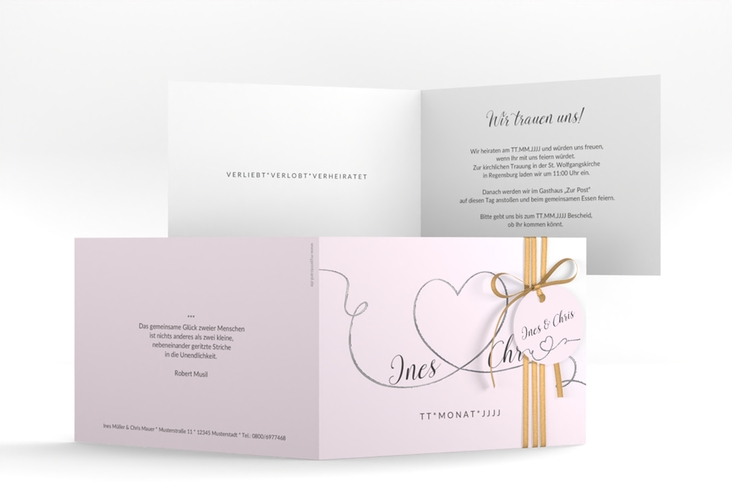 Hochzeitseinladung Dolce A6 Klappkarte quer rosa silber