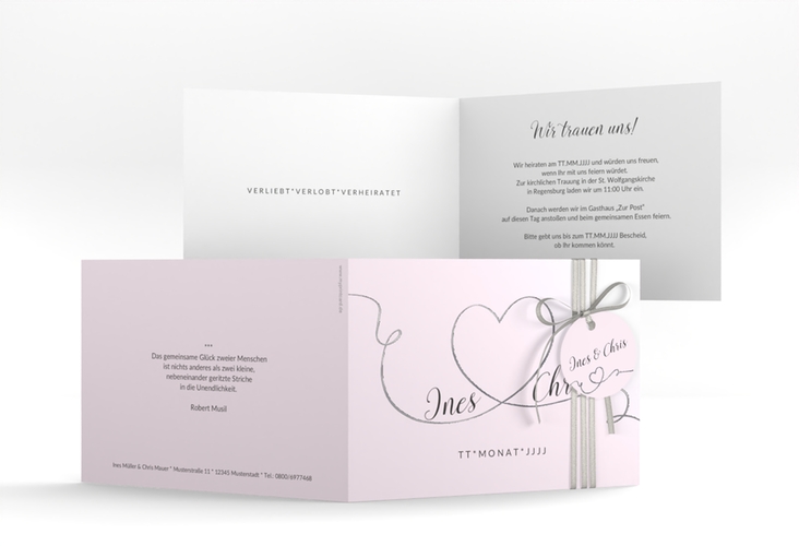 Hochzeitseinladung Dolce A6 Klappkarte quer rosa silber