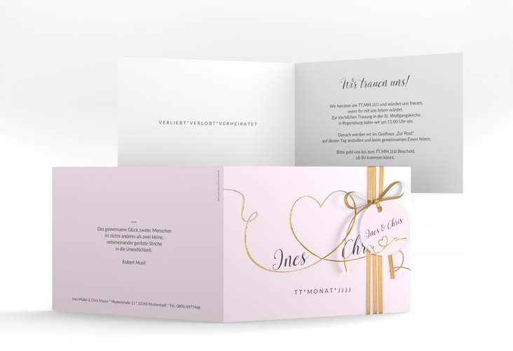 Hochzeitseinladung Dolce A6 Klappkarte quer rosa gold
