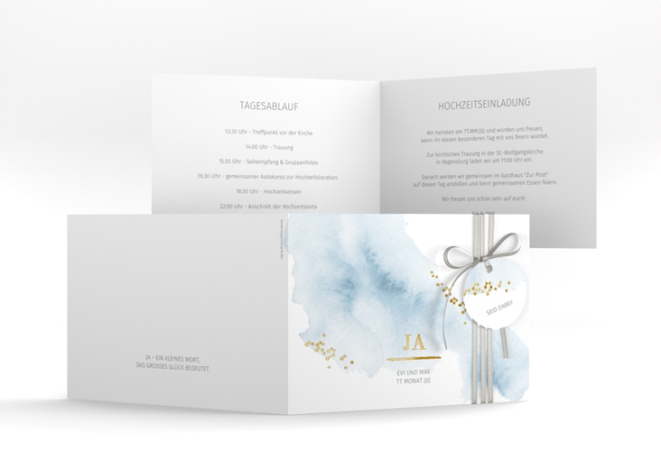 Hochzeitseinladung Pastell A6 Klappkarte quer blau gold