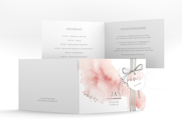 Hochzeitseinladung Pastell A6 Klappkarte quer rosa silber