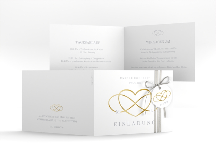 Hochzeitseinladung Infinity A6 Klappkarte quer grau gold