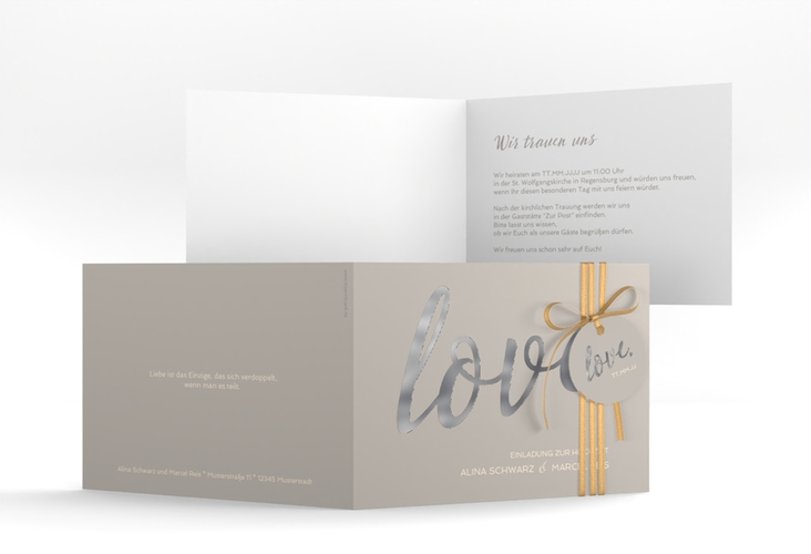 Hochzeitseinladung Glam A6 Klappkarte quer grau silber