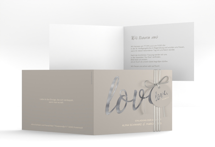 Hochzeitseinladung Glam A6 Klappkarte quer grau silber