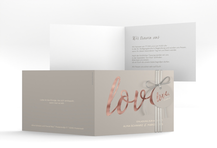 Hochzeitseinladung Glam A6 Klappkarte quer grau rosegold