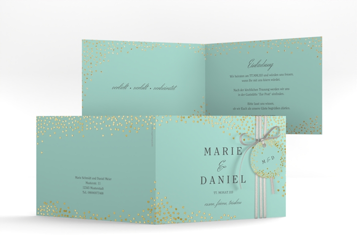 Hochzeitseinladung Glitter A6 Klappkarte quer mint gold
