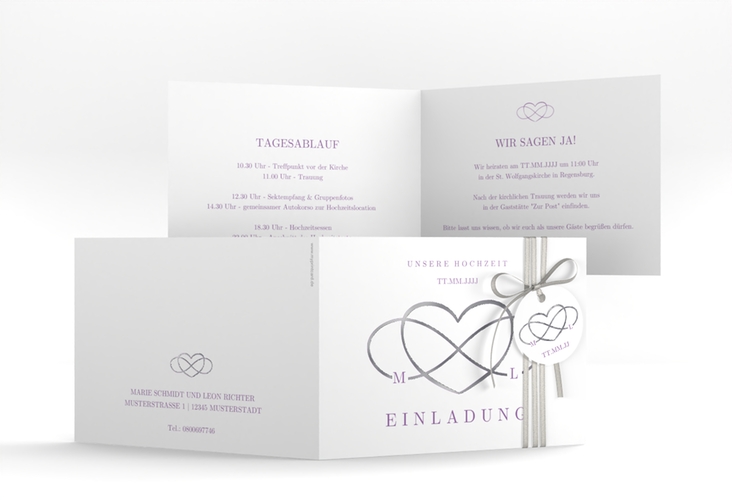 Hochzeitseinladung Infinity A6 Klappkarte quer lila silber