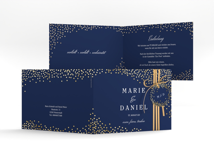 Hochzeitseinladung Glitter A6 Klappkarte quer blau gold