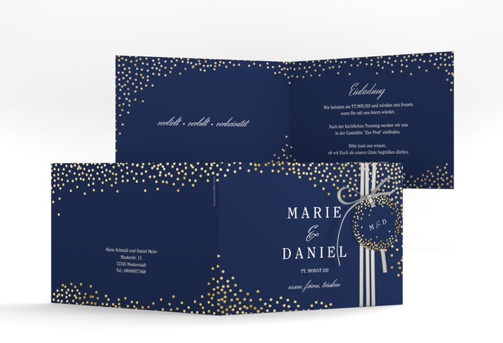 Hochzeitseinladung Glitter A6 Klappkarte quer blau gold