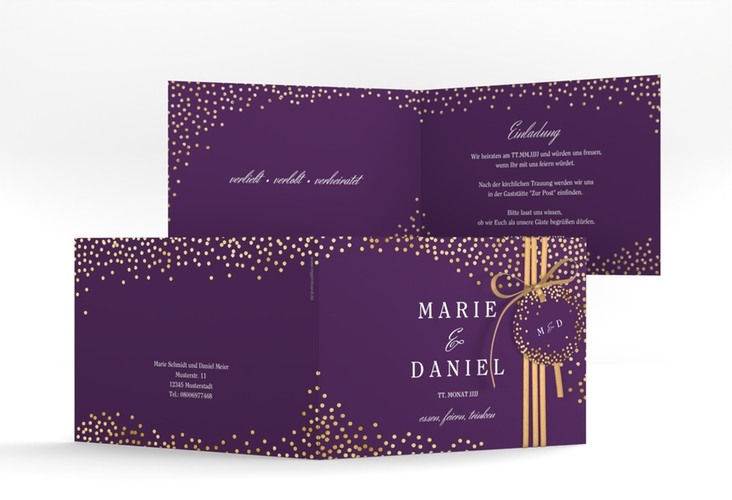 Hochzeitseinladung Glitter A6 Klappkarte quer lila gold
