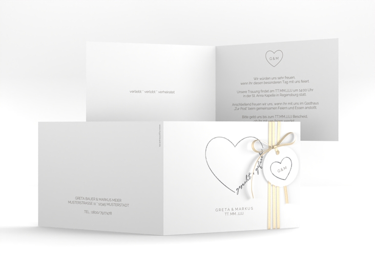 Hochzeitseinladung Lebenstraum A6 Klappkarte quer weiss silber