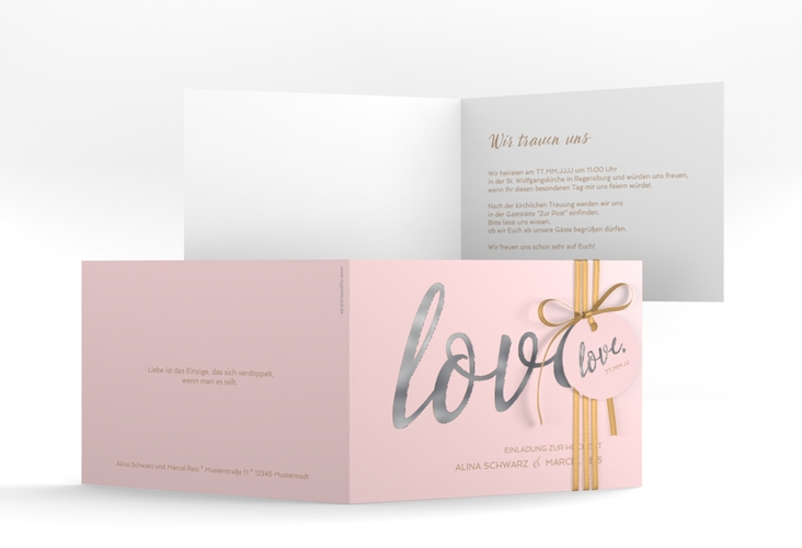 Hochzeitseinladung Glam A6 Klappkarte quer rosa silber