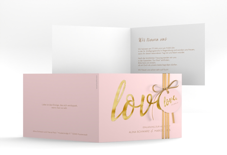 Hochzeitseinladung Glam A6 Klappkarte quer rosa gold