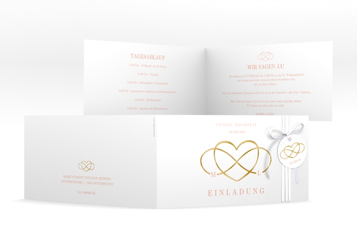 Hochzeitseinladung Infinity lange Klappkarte quer apricot gold