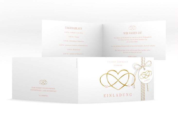 Hochzeitseinladung Infinity lange Klappkarte quer apricot gold