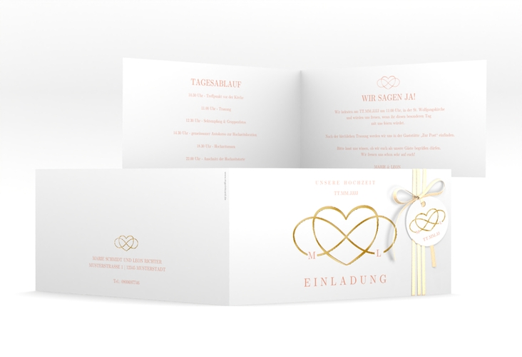 Hochzeitseinladung Infinity lange Klappkarte quer apricot gold