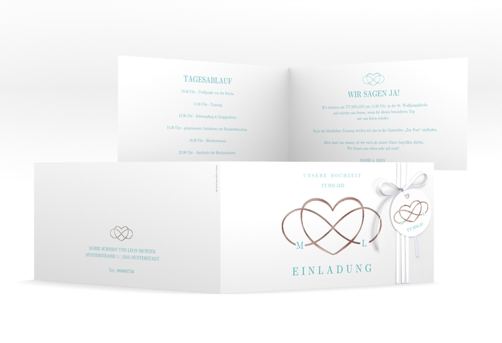Hochzeitseinladung Infinity lange Klappkarte quer tuerkis rosegold