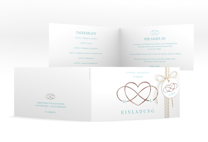 Hochzeitseinladung Infinity lange Klappkarte quer tuerkis rosegold