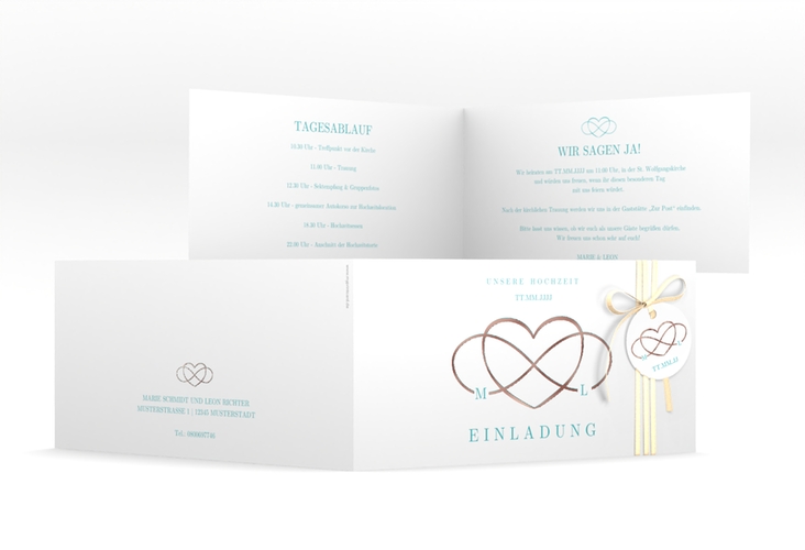 Hochzeitseinladung Infinity lange Klappkarte quer tuerkis rosegold