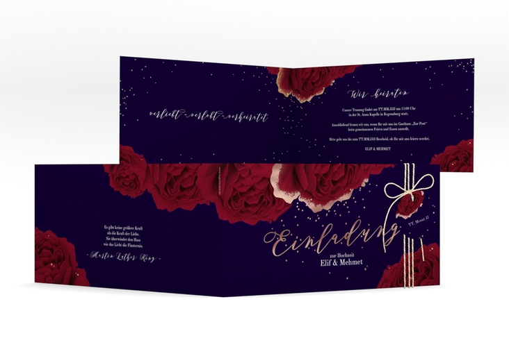 Hochzeitseinladung Cherie lange Klappkarte quer schwarz rosegold