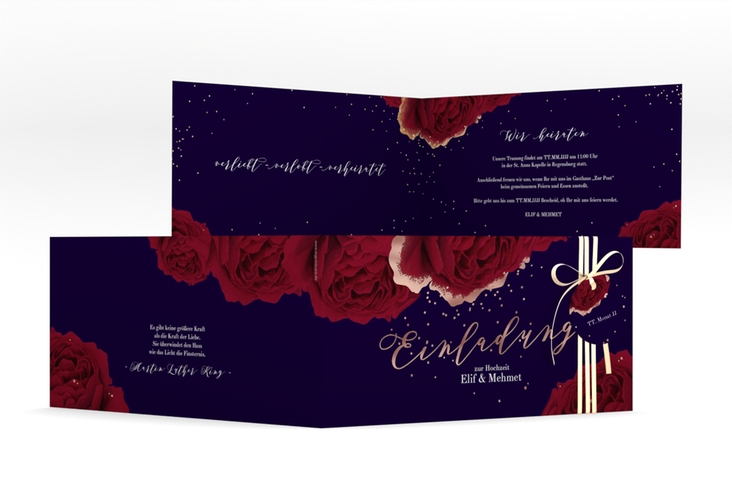 Hochzeitseinladung Cherie lange Klappkarte quer schwarz rosegold
