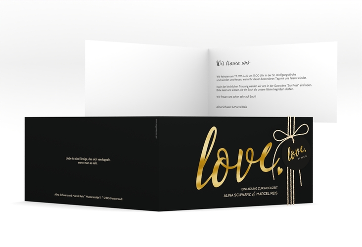 Hochzeitseinladung Glam lange Klappkarte quer schwarz gold