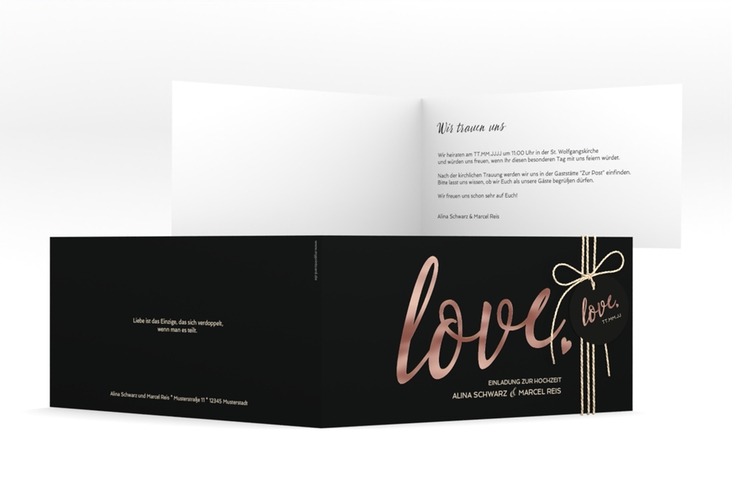 Hochzeitseinladung Glam lange Klappkarte quer schwarz rosegold
