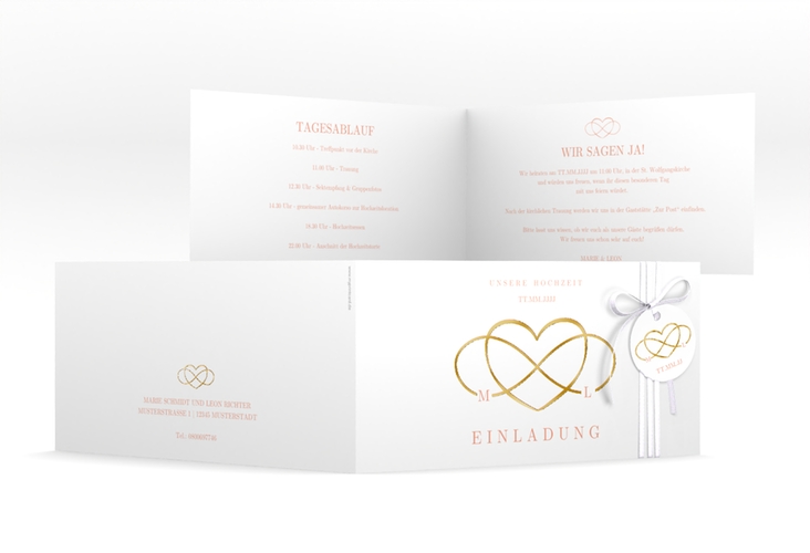Hochzeitseinladung Infinity lange Klappkarte quer apricot gold