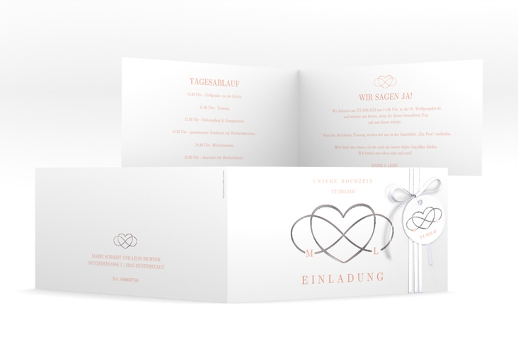 Hochzeitseinladung Infinity lange Klappkarte quer apricot silber