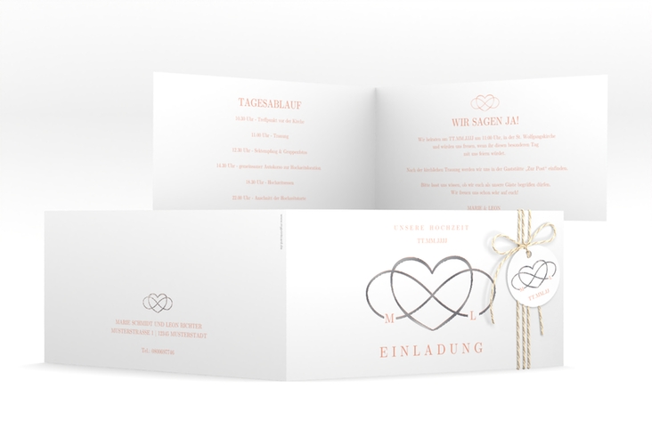 Hochzeitseinladung Infinity lange Klappkarte quer apricot silber