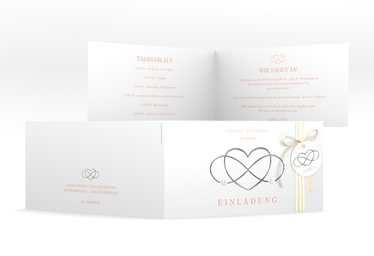 Hochzeitseinladung Infinity lange Klappkarte quer apricot silber