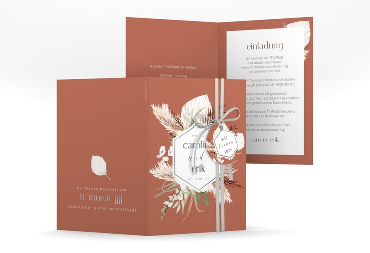 Einladungskarte Hochzeit Bohemian A6 Klappkarte hoch orange silber mit Gräsern und Trockenblumen für Boho-Hochzeit