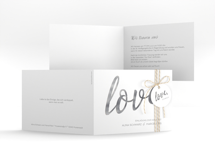 Hochzeitseinladung Glam A6 Klappkarte quer weiss silber