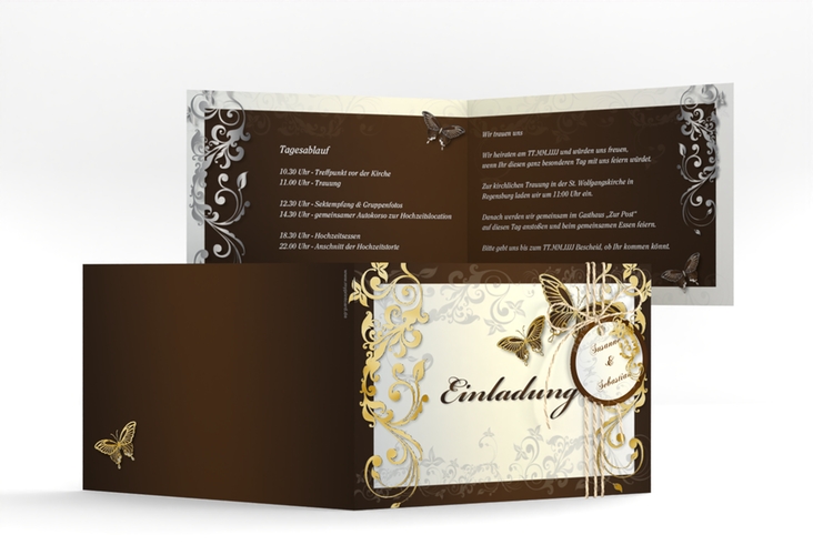 Hochzeitseinladung Toulouse A6 Klappkarte quer braun gold mit Schmetterlingen und Schnörkeln