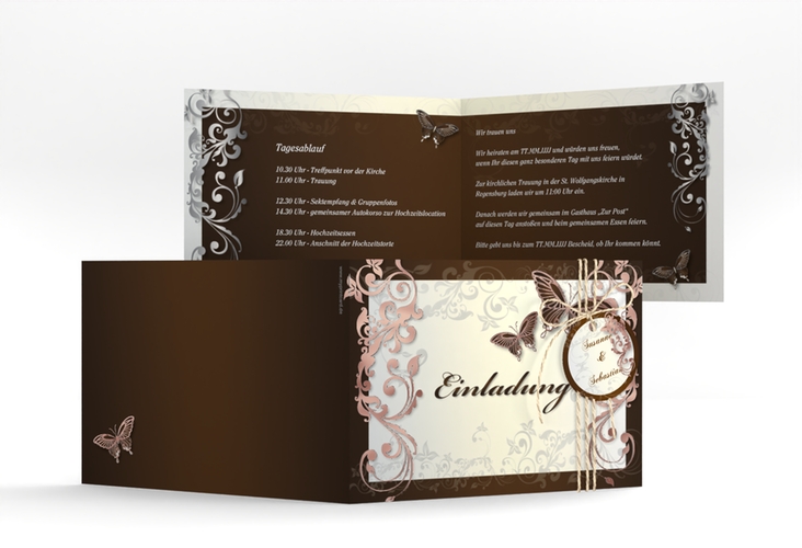 Hochzeitseinladung Toulouse A6 Klappkarte quer braun rosegold mit Schmetterlingen und Schnörkeln