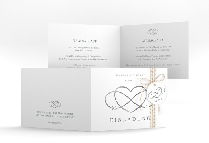 Hochzeitseinladung Infinity A6 Klappkarte quer gruen silber