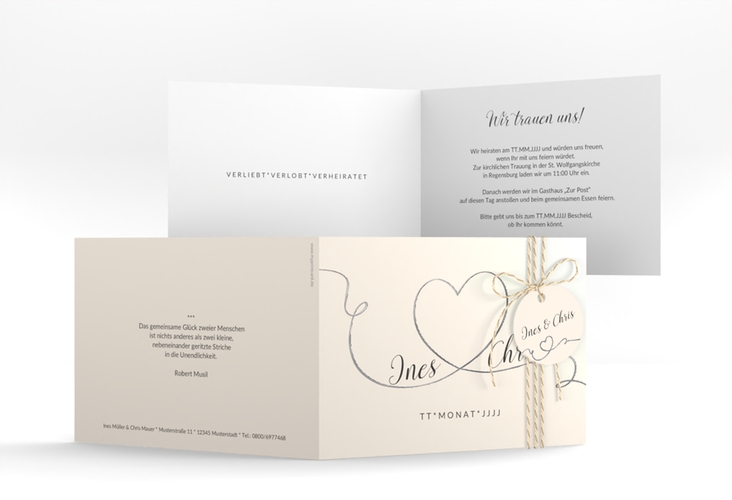 Hochzeitseinladung Dolce A6 Klappkarte quer beige silber