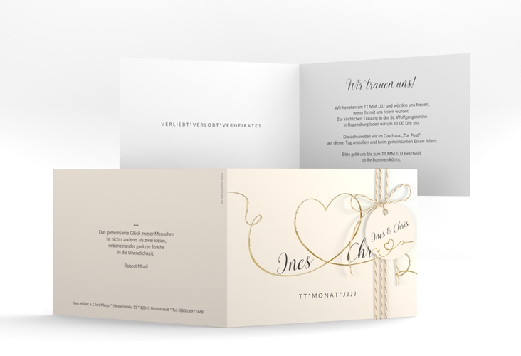 Hochzeitseinladung Dolce A6 Klappkarte quer beige gold