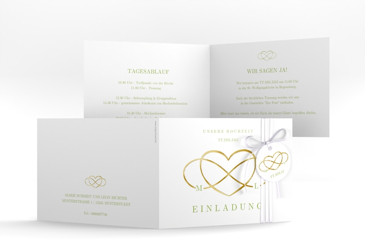 Hochzeitseinladung Infinity A6 Klappkarte quer gruen gold