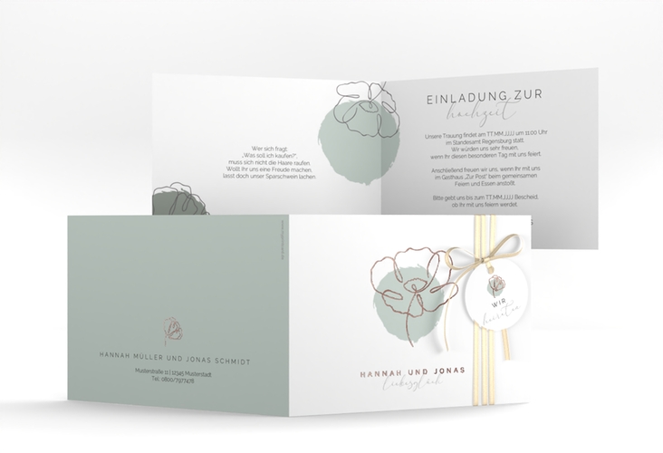 Hochzeitseinladung Flowerline A6 Klappkarte quer gruen rosegold