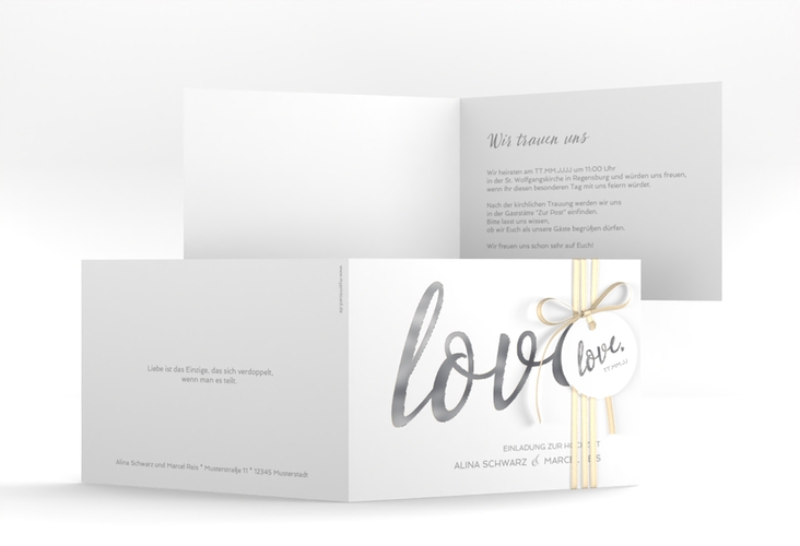 Hochzeitseinladung Glam A6 Klappkarte quer weiss silber