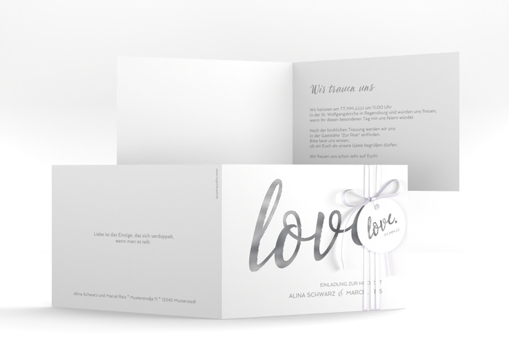 Hochzeitseinladung Glam A6 Klappkarte quer weiss silber