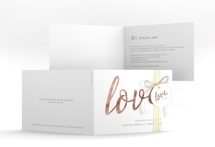 Hochzeitseinladung Glam A6 Klappkarte quer weiss rosegold